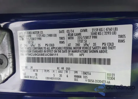 2014 Ford Escape Se from USA, damaged, VIN 1FMCU9GX8EUC58111